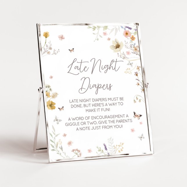 Affiche Petits plongeurs de nuit botaniques Fleurs sauvage (Botanical Spring Little Wildflower Baby Shower Late Night Diapers Sign)