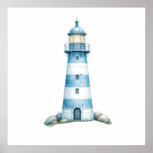 Phare à l'aquarelle bleue et blanche