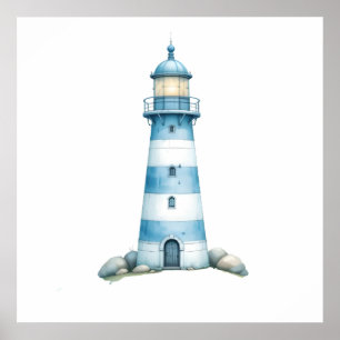 Affiche Phare à l'aquarelle bleue et blanche