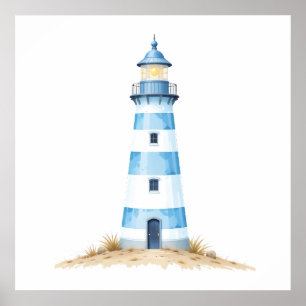 Affiche Phare à l'aquarelle bleue et blanche