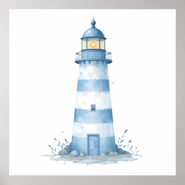 Affiche Phare à l'aquarelle bleue et blanche (Devant)