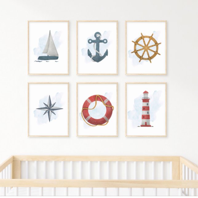 Affiche Phare à thème nautique océanique Rouge Blanc Bleu (Créateur téléchargé)