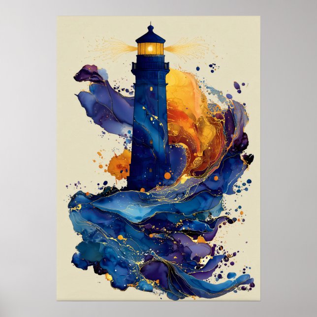 Affiche Phare Abstrait Liquide Art Flux de Couleur Côtière (Devant)