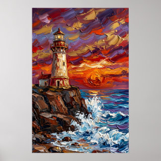 Affiche Phare au coucher de soleil dramatique