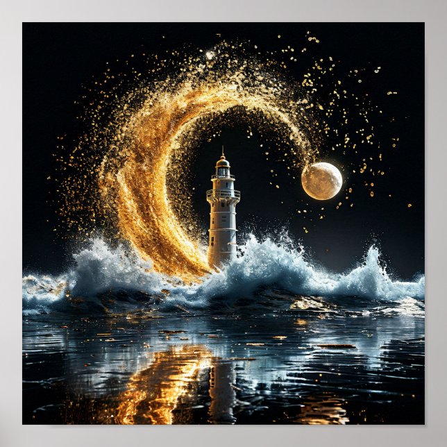 Affiche Phare avec une lune d'or (Devant)