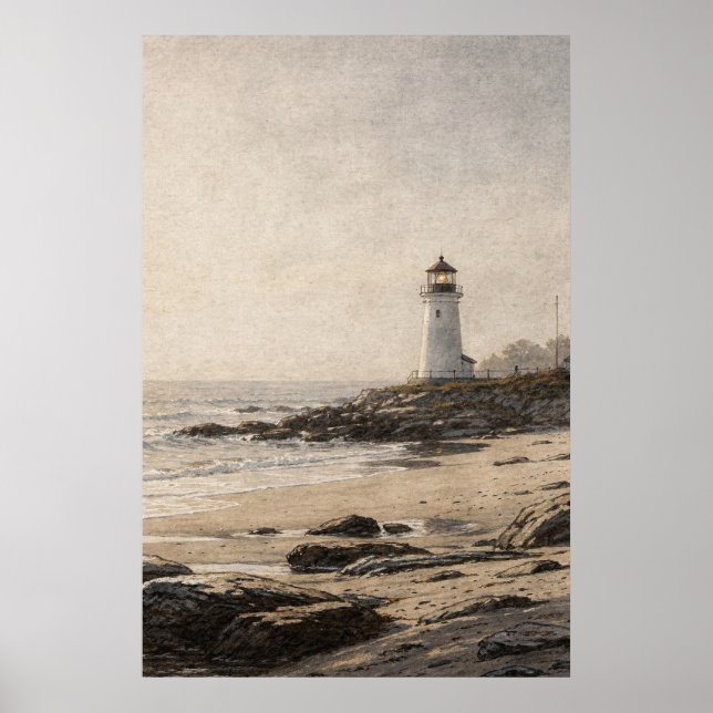Affiche Phare blanc sur une côte rocheuse (Devant)