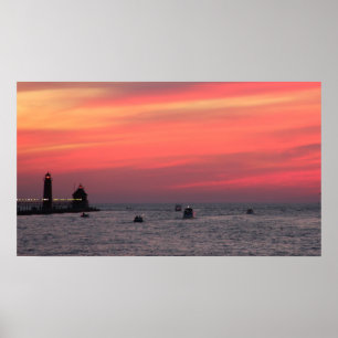 Affiche Phare contre le coucher du soleil majestueux sur