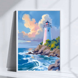 Affiche Phare côtier   Mer aux vagues de l'océan bleu