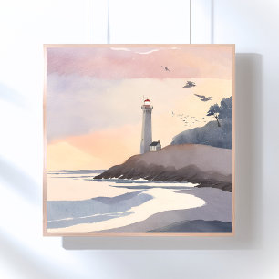 Affiche Phare côtier Peinture aquarelle de plage