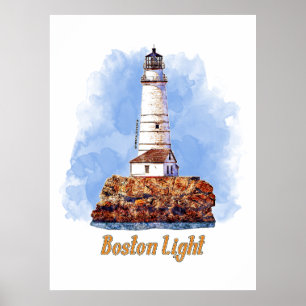 Affiche Phare de Boston Light - Aquarelle Massachusetts