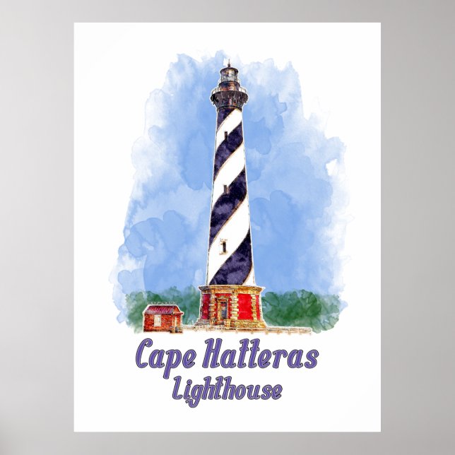 Affiche Phare de Cape Hatteras aquarelle Caroline du Nord (Devant)