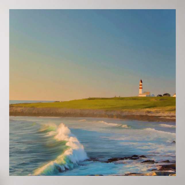 Affiche Phare de la baie d'aquarelle avec les vagues océan (Devant)