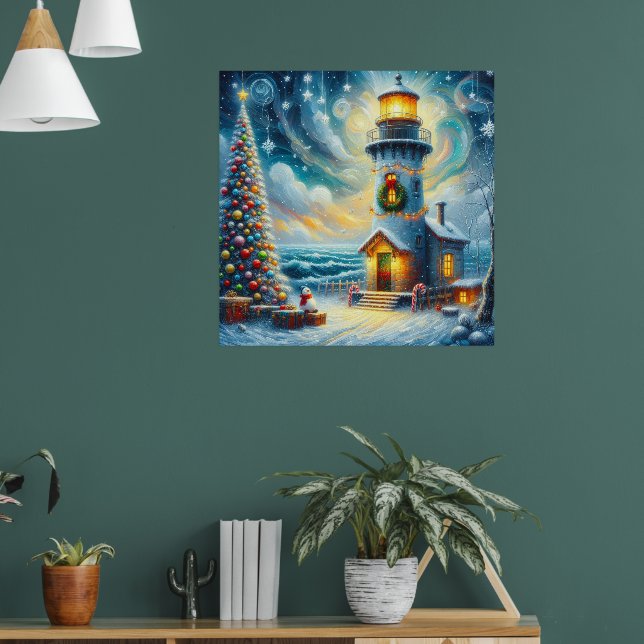 Affiche Phare de Noël Arbre Nautique Bleu Côtier (Salon 1)