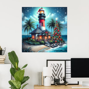 Affiche Phare de Noël tropical fantaisiste sarcelle rouge