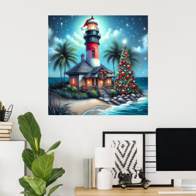 Affiche Phare de Noël tropical fantaisiste sarcelle rouge (Bureau à domicile)