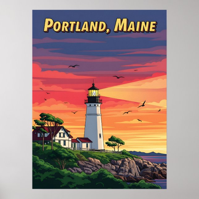 Affiche Phare de Portland Maine au coucher du soleil (Devant)