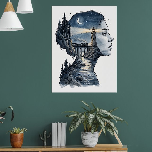 Affiche Phare de rêve dans l'esprit d'une femme – Nuit sur (Salon 1)
