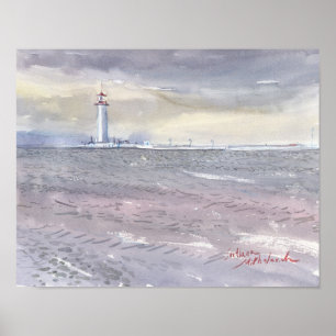 Affiche Phare d'Odessa et aquarelle grise de la mer Noire