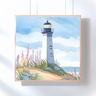Affiche Phare en fleurs   Floral aquarelle côtière