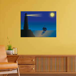 Affiche Phare et voilier à Night Moonlit Ocean