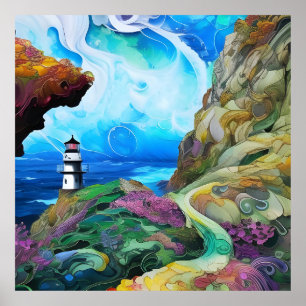 Affiche phare face à la mer