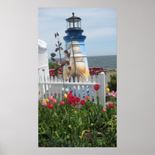 Affiche Phare, fleurs et imprimé océan