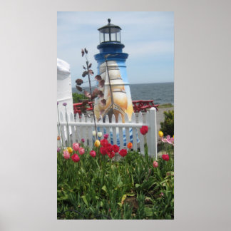 Affiche Phare, fleurs et imprimé océan