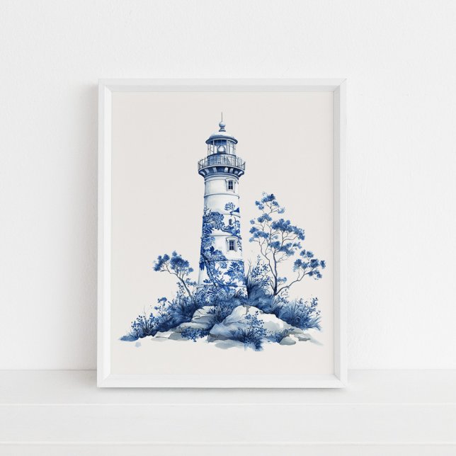 Affiche Phare Floral - Bleu côtier sur Mur beige Art (Floral Lighthouse – Coastal Blue on Beige Wall Art in a white frame on the floor)