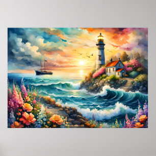 Affiche Phare Jardin floral sur la mer
