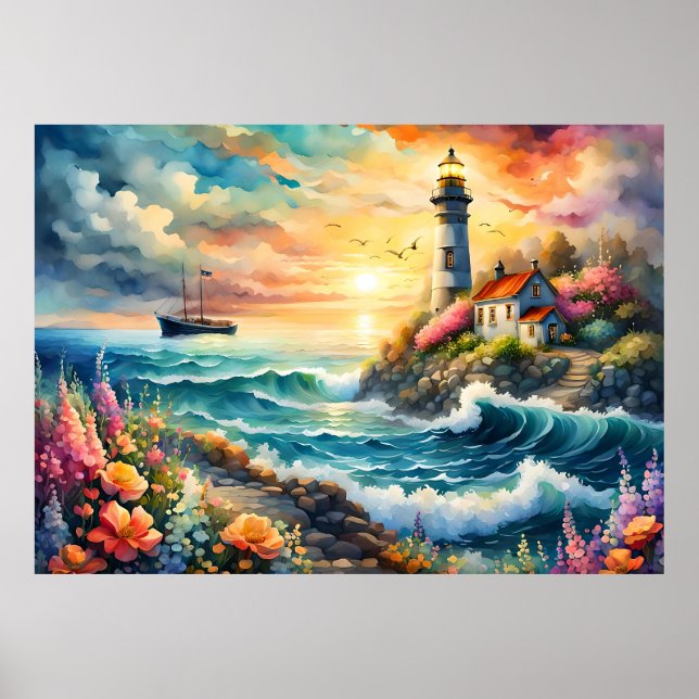 Affiche Phare Jardin floral sur la mer (Devant)