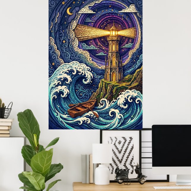 Affiche phare la nuit avec des vagues (Bureau à domicile)