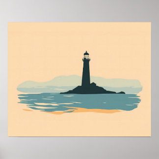 Affiche Phare minimaliste en silhouette sur coucher de sol
