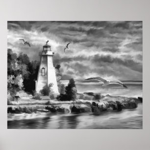 Affiche Phare noir et blanc d'océan de coucher du soleil
