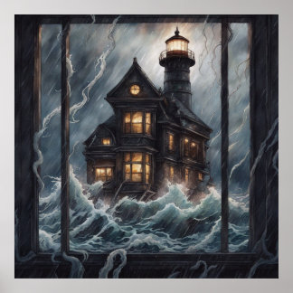 Affiche Phare Nuit Orageuse