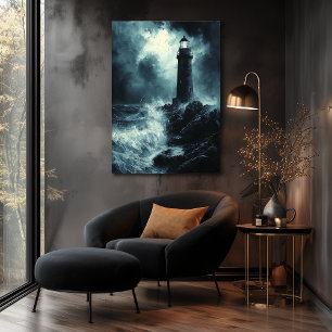 Affiche Phare orageux la nuit - Art au fusain