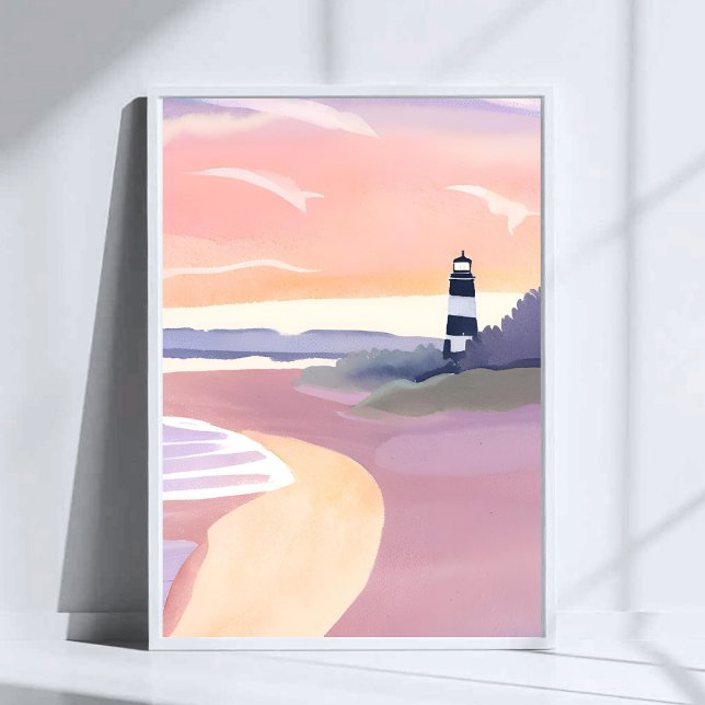 Affiche Phare pastel | Aquarelle de rivage de plage côtièr (Créateur téléchargé)