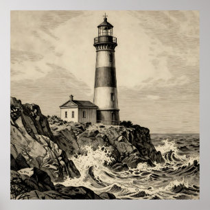 Affiche Phare rayé vintage côte orageuse