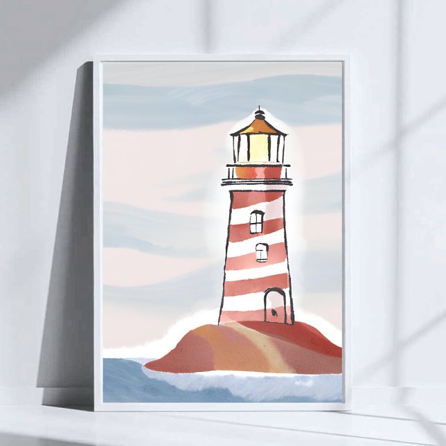 Affiche Phare rouge et blanc | Aquarelle d'océan de plage (Créateur téléchargé)
