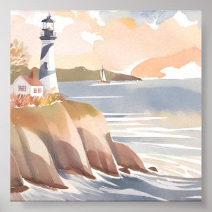 Affiche Phare sur la Côte Aquarelle Océan