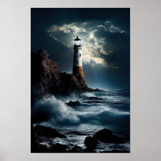 Affiche Phare sur la falaise rocheuse avec des vagues qui 