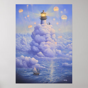 Affiche Phare surréaliste dans les nuages et les méduses