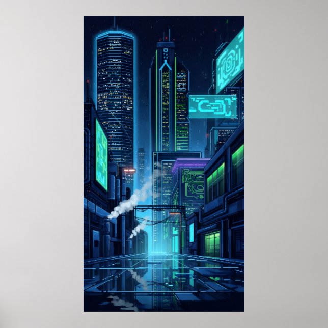 Affiche phares de néon du futur pixel city (Devant)