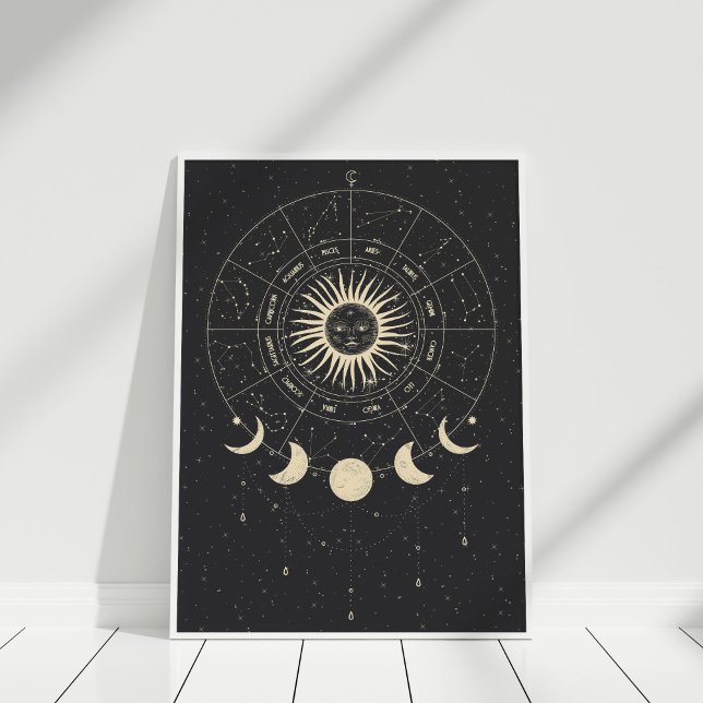 Affiche Phases Boho noir et beige Zodiac Moon (Boho Black and Beige Zodiac Moon Phases Poster in a white frame against white wall.)
