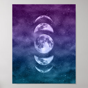 Affiche Phases de lune lunaire turquoise et violette Art c