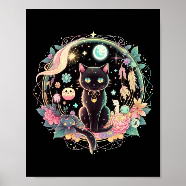 Affiche Phases Lune Crystal Witchite Cute Black Cat Kawaii (Devant)