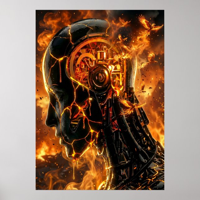 Affiche Phénix Cybernétique Ardente Tête de Robot Fendue (Devant)