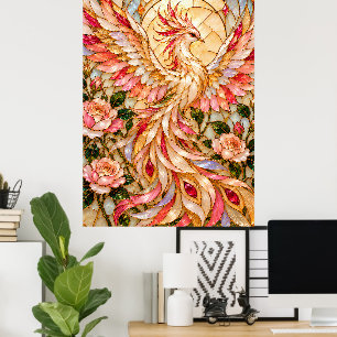 Affiche Phénix rose avec des roses – Art floral en verre c