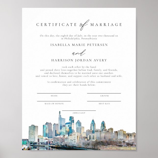Affiche PHILADELPHIA Skyline Certificat de mariage Garder (Devant)