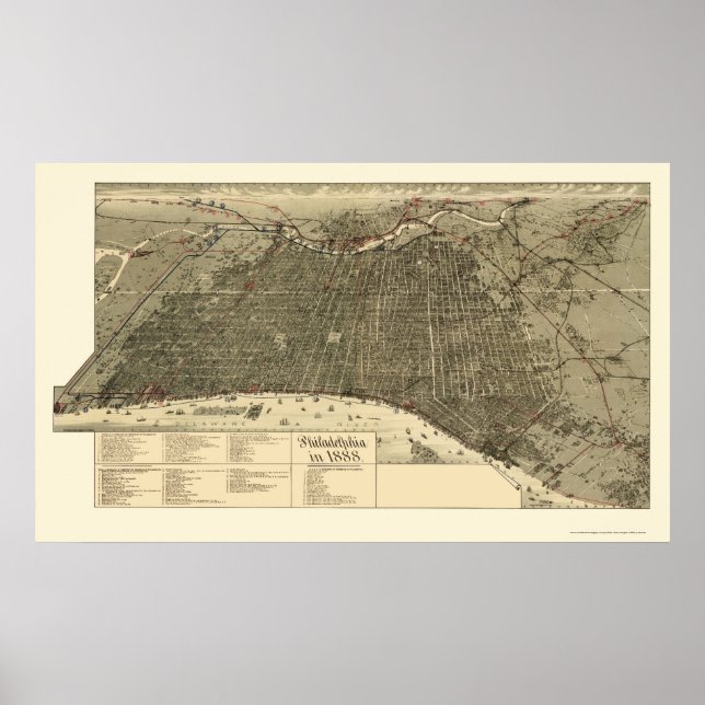 Affiche Philadelphie, PA Carte panoramique - 1888 (Devant)