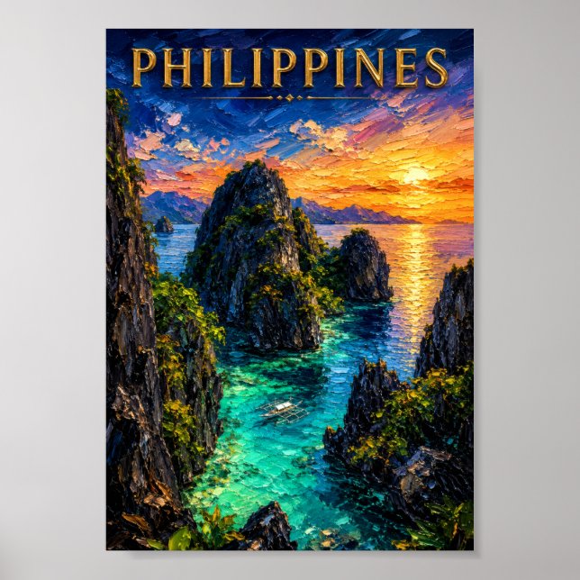 Affiche Philippines : Coucher de soleil tropical sur la cô (Devant)